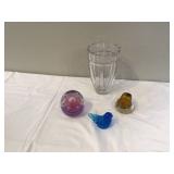 Elegant lead crystal vase and three glass paperweights