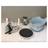 Iron Fuzz buster hooks lazy susan in plastic basket