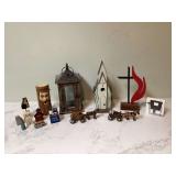 Handcrafted wooden Amish figurines and candle lantern in tote Handcrafted wooden Amish figurines and candle lantern in tote