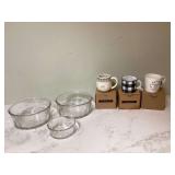 Two clear glass serving bowls one small glass bowl three new boxed coffee Two clear glass serving bowls one small glass bowl three new boxed coffee