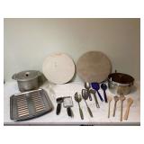 Various kitchen utensils and pans in tote Various kitchen utensils and pans in tote