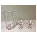 Glass pitcher with bubble detailing 2 short martini glasses Glass pitcher with bubble detailing 2 short martini glasses