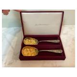 Two Gondinger silver art berry serving spoons with gold & silver pl Two Gondinger silver art berry serving spoons with gold & silver pl