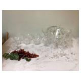 Glass bowl with matching cups and ladle Glass bowl with matching cups and ladle