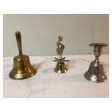 Two brass bells and one etched silver plate bell candlestick Two brass bells and one etched silver plate bell candlestick