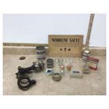 Vintage medicine tins salve sign Hamilton Beach vibrator glass medicine Vintage medicine tins salve sign Hamilton Beach vibrator glass medicine