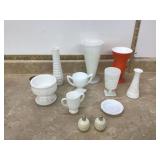 Various milk glass pieces and vase with small chip on bottom rim Various milk glass pieces and vase with small chip on bottom rim