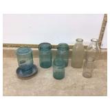 Three milk bottles four blue ball jars and chicken waterer Three milk bottles four blue ball jars and chicken waterer