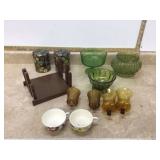 Various green glass items & candle holders Various green glass items & candle holders