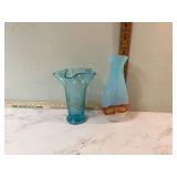 Blue vase with ruffled rim and art glass vase