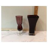2 PURPLE ART GLASS VASES - GLASS
