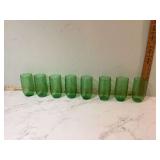 8 vintage green glass tumblers with gold trim