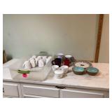 10 Corelle coffee mugs and assorted dishes