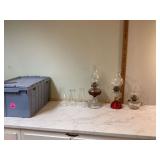 Vintage Mid Century Modern Hurricane Lamps and Chimneys Set in Tote with