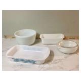 Vintage Pyrex milk glass and Glasbake blue thistle milk glass pan Vintage Pyrex milk glass and Glasbake blue thistle milk glass pan