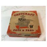 Old grey miniature cast iron cookware in box Old grey miniature cast iron cookware in box