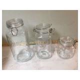 3 Mason glass canisters 1 missing lid fastener 3 Mason glass canisters 1 missing lid fastener