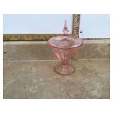 Pink glass candy dish with lid etched design