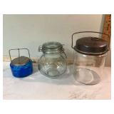 Antique blue glass biscuit jar with locking lid and handle