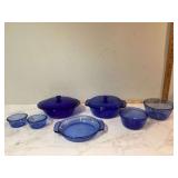 Blue glass casserole dishes bowls and pie plate by Anchor H