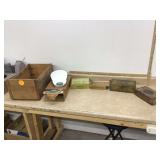 Vintage wood crate with old cigar boxes and new old stock bed pan