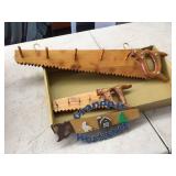 Wood saw hat hook key hook and workshop plaque