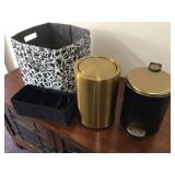 2 small garbage cans and collapsible storage bin
