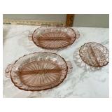 3 PINK GLASS DIVIDED DISHES - GLASS