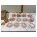 12 pink glass plates 6 cups sugar dish