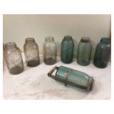Vintage blue Ball jar plant fertilizer shaker with 6 Ball jars (3