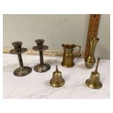 Italian brass decor set with candlesticks vases and bells