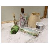 Vintage vanity set with hairbrushes shaving items and working wall lamp