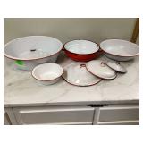 Enamelware bowls lids pot red white orange