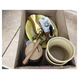 Antique brass candlesticks bell and pottery bowls