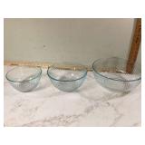 Set of 3 aqua ribbed glass Pyrex bowls