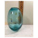 Blue hand blown glass vase with mosaic design