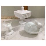 Collection of milk glass items Imperial rabbit on nest Westmorland quilt