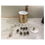 Ice bucket with vintage liquor pour spouts and shot glasses