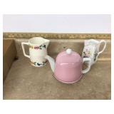 White teapot with pink cozy fruit motif milk pitcher floral porcelain pitcher