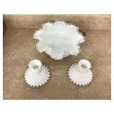 Vintage glassware set with bowl and candlesticks in Fenton Glass Silvercrest