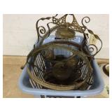 Two totes of antique light fixtures with metal hanging parts and milk glass shades