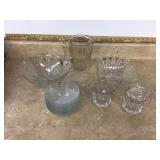 A vintage glass serving set with salad bowl creamer sugar and