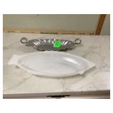 Fish shaped glassbake dish & vintage aluminum tray