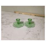 Pair of uranium glass candle holders with etched designs