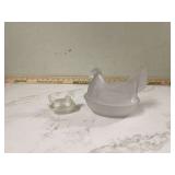 Small clear glass hen large frosted hen