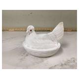 Red-eyed Westmoreland hen milk glass with chip on bottom