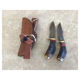 2 DAMASCUS RAM HORN SKINNING KNIVES