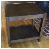 Dark wood modern end table with angled legs 24? x