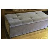 Grey fabric tufted storage bench, with hobnail