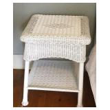 White resin wicker end table, 17 in x 17 in x